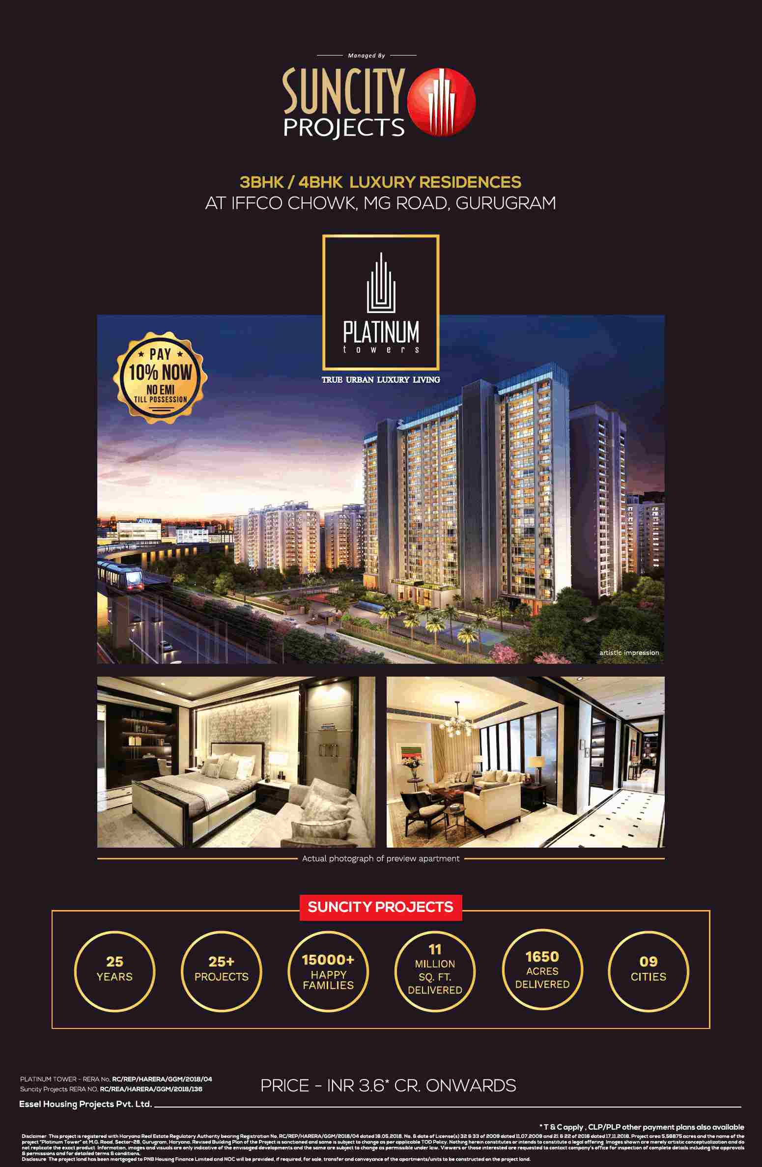 Book 3 & 4 BHK luxury residences @ Rs 3.6 cr at Suncity Platinum Towers in Gurgaon Update